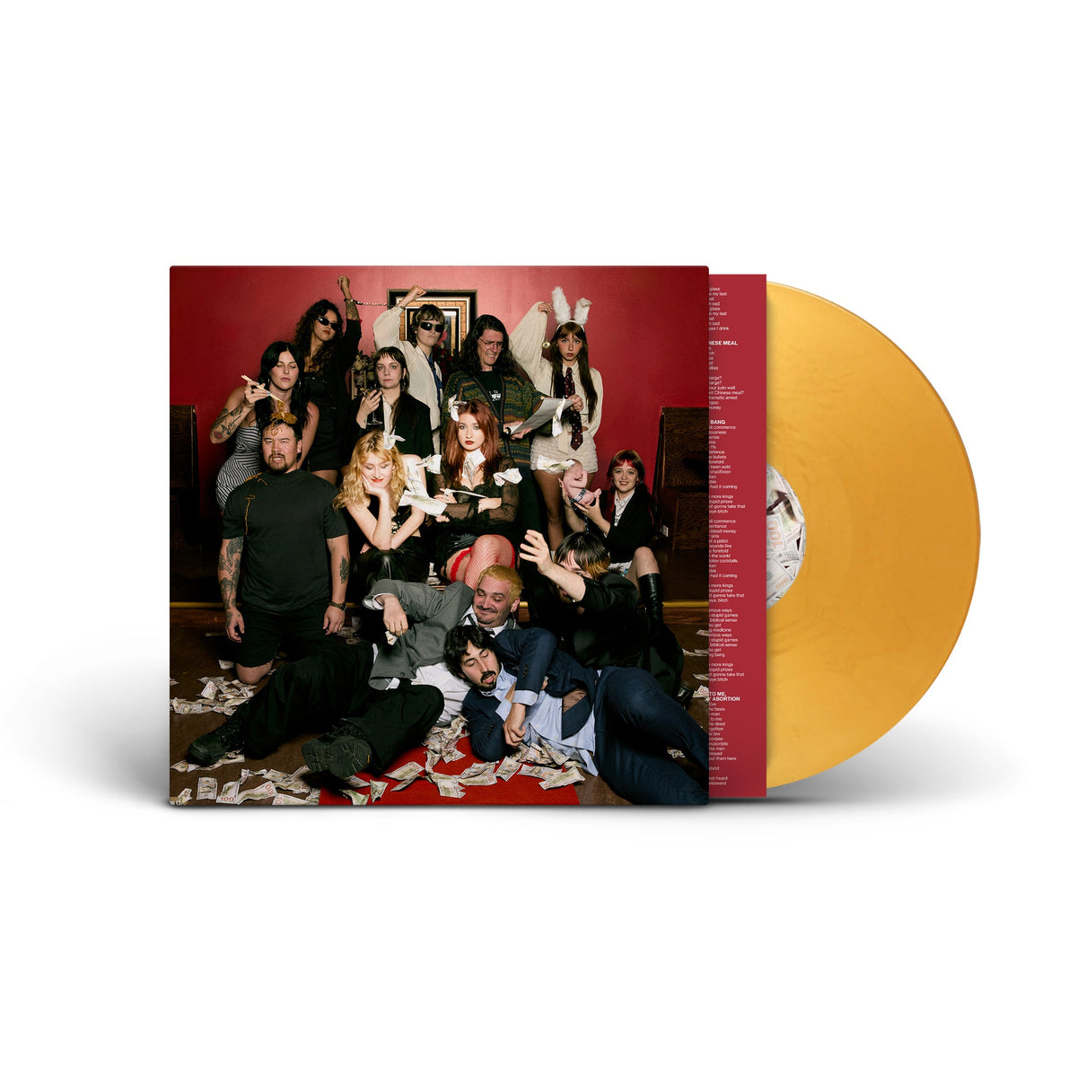Vinyl record and album cover featuring a group of people in a red room.