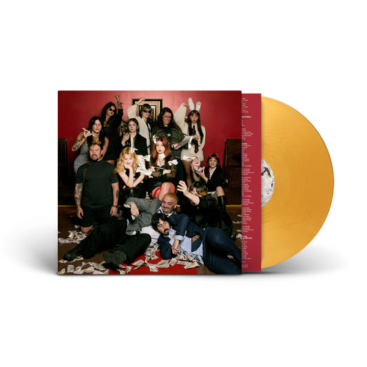 Vinyl record and album cover featuring a group of people in a red room.