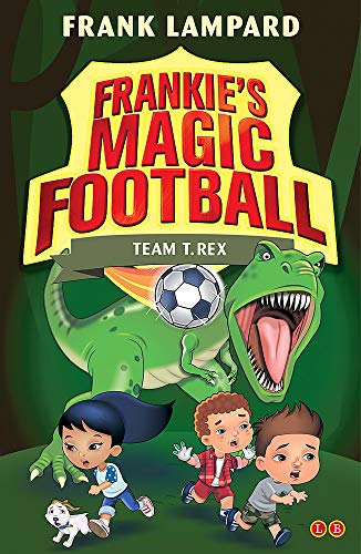 Book cover: dinosaur, children, and a soccer ball with bright lettering.