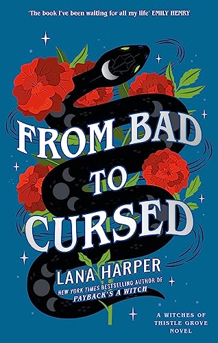 Book cover: black snake coiled with red flowers on teal background.