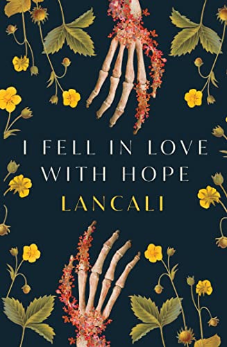 Book cover featuring two skeletal hands surrounded by yellow flowers on dark blue background.