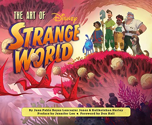 “The Art of Strange World” book cover featuring characters and vibrant flora.