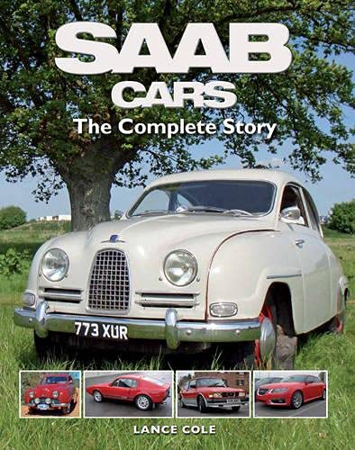 Book cover featuring a classic white Saab car and smaller vehicle images.