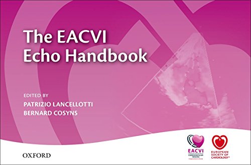 Pink book cover with title "The EACVI Echo Handbook" and heart imagery.
