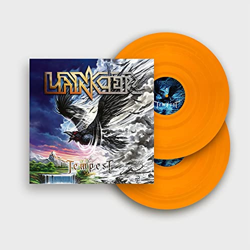 Lancer Tempest album cover art next to two solid orange vinyl records.