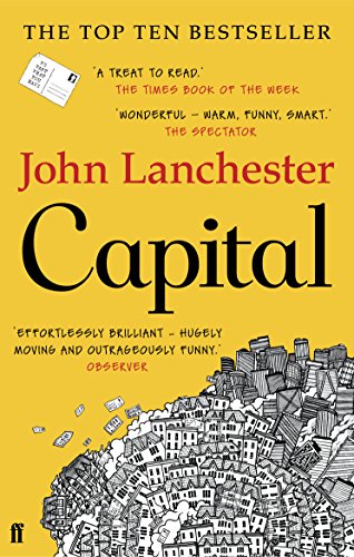 Yellow book cover for Capital by John Lanchester featuring a black and white cityscape.