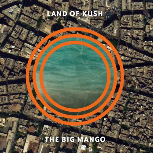 Aerial view of a city with orange concentric circles overlaying a central water area.
