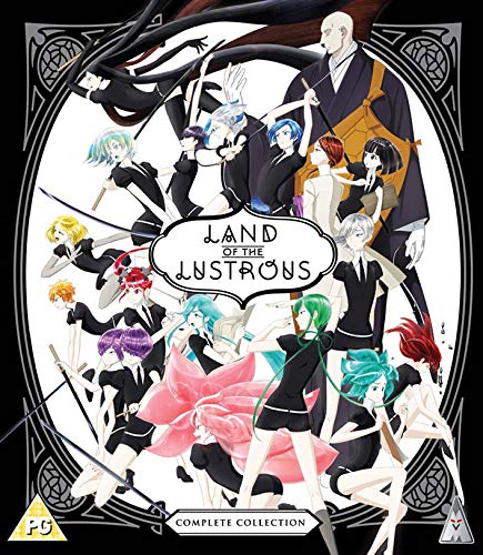 Anime characters with colorful hair and black uniforms on a Land of the Lustrous cover.