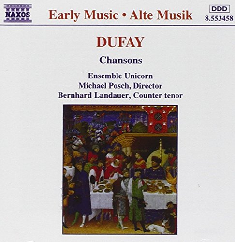 "Album cover with medieval banquet illustration and text 'Dufay Chansons' on a white background."