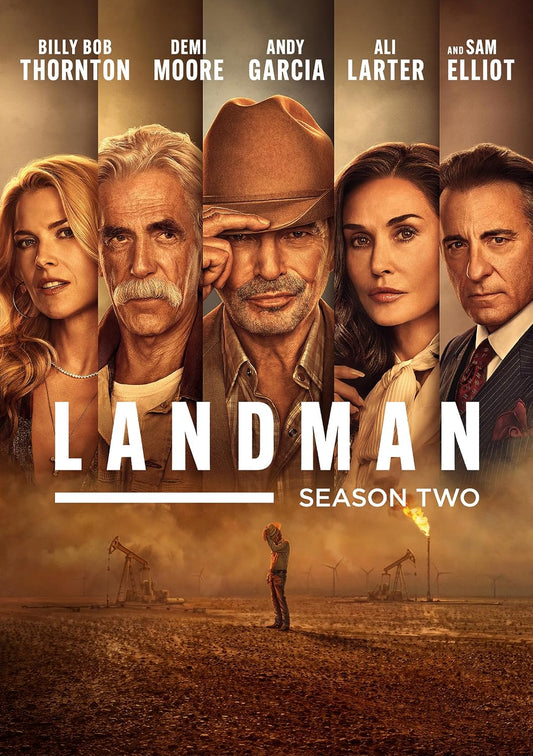 Landman" Season 2 DVD cover featuring cast members and oilfield landscape.