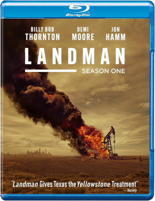 Blu-ray cover for “Landman” featuring a fiery oil field and cast names.