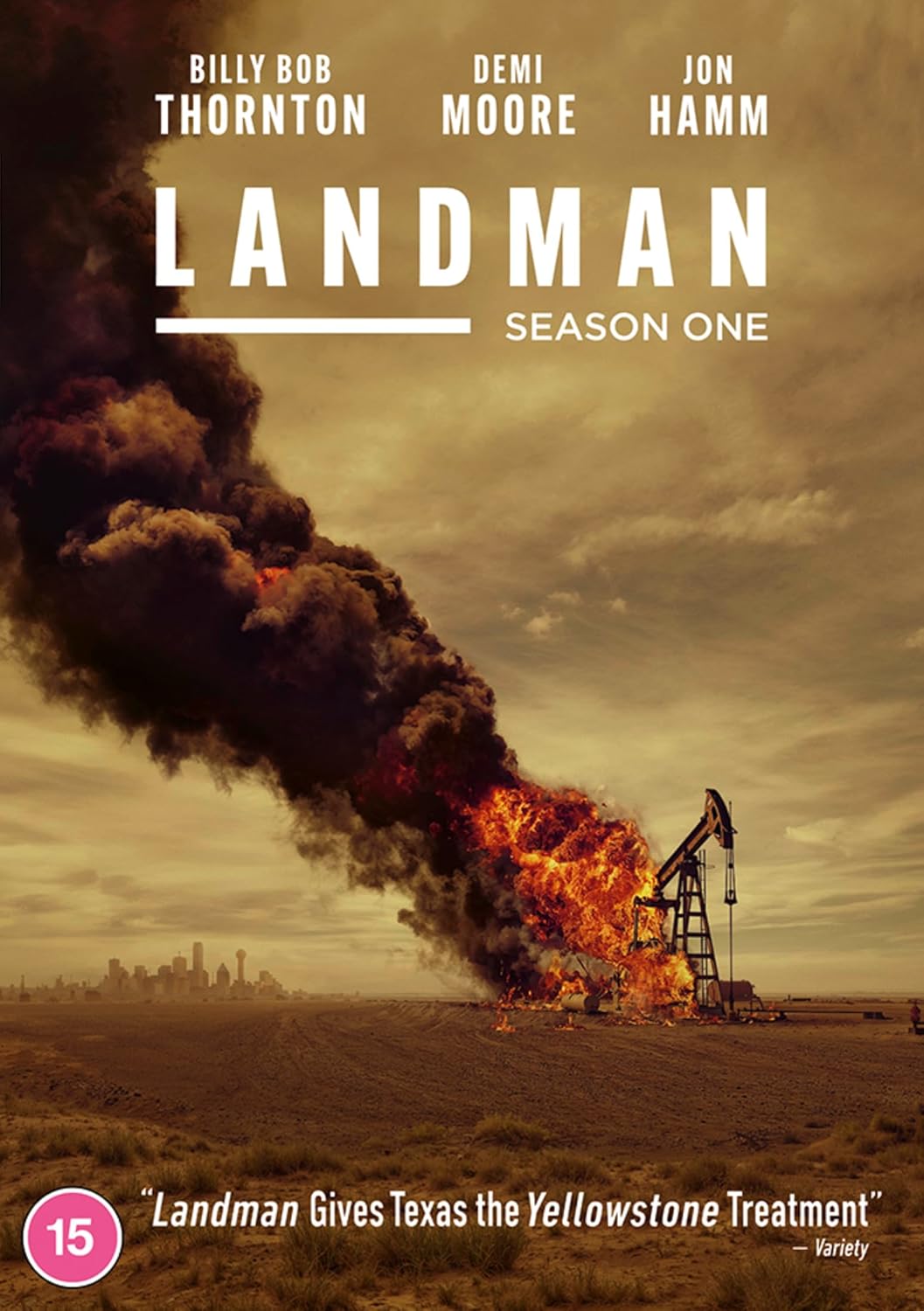 DVD cover for “Landman” Season One, showing an oil well fire and landscape.