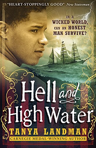 Book cover: man’s face, sailing ship in stormy seas, title “Hell and High Water.”
