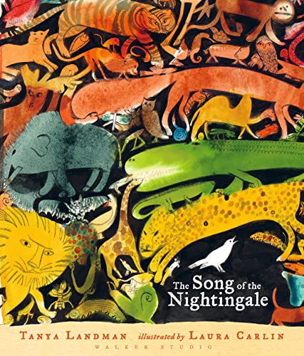 Colorful illustrated book cover featuring many animals and a nightingale.