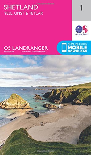Ordnance Survey Landranger map cover for Shetland, Yell, Unst, and Fetlar featuring coastal scenery.