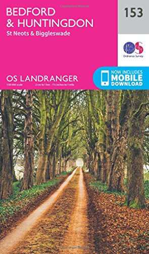 OS Landranger map cover: Bedford, Huntingdon, and a woodland path.