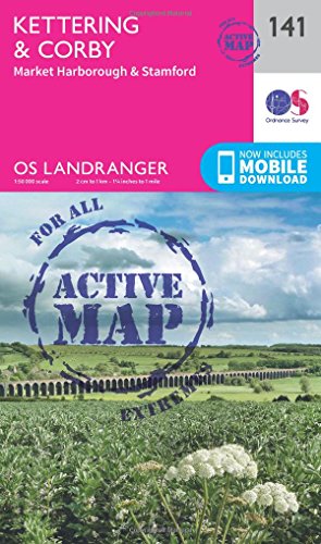Pink and green Ordnance Survey Landranger Active map of Kettering & Corby.