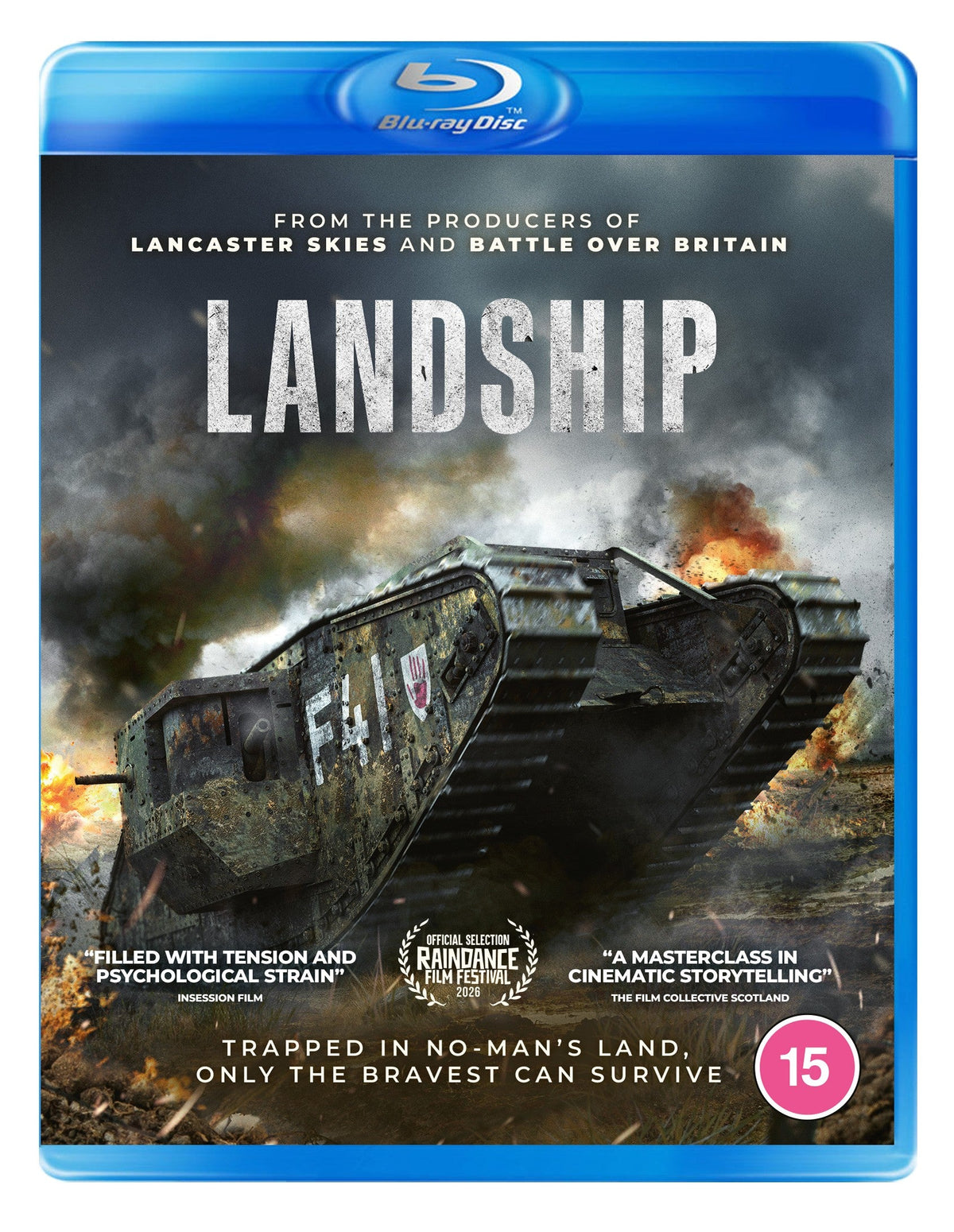 Blu-ray cover for "Landship" depicting a large, armored vehicle in a field.