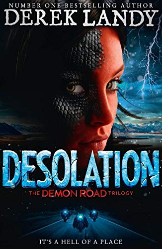 Book cover featuring a woman with scaly skin, icy blue text, and a dark road.