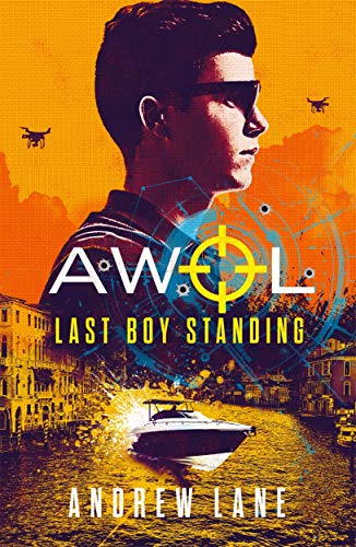 "Book cover featuring a boy in sunglasses with a cityscape and speedboat below."