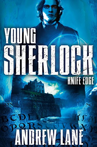 Book cover featuring a young man above a cliffside mansion and ouija board letters.