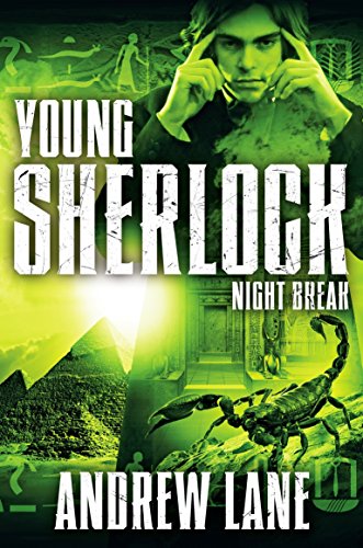 Book cover featuring a young man above Egyptian pyramids and a scorpion in green light.