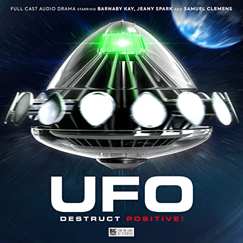 Silver UFO with glowing green light, against a dark space background.