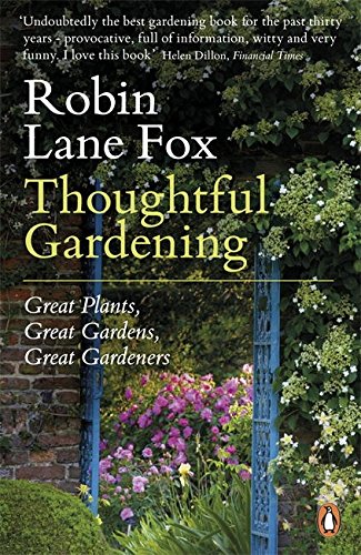 "Book cover with 'Thoughtful Gardening' title, surrounded by lush garden scene and blue trellis."