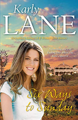 Book cover with a smiling woman, rural landscape, and title “Six Ways to Sunday”.