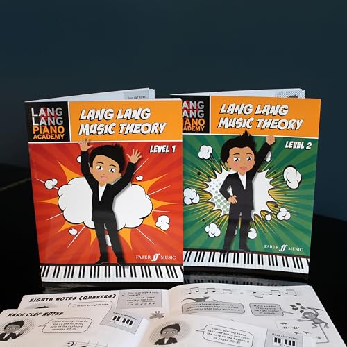 Two "Lang Lang Music Theory" books and open workbook with musical notation.