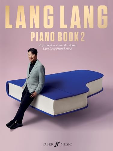 Lang Lang leaning against a large, blue, piano-shaped book on a light purple background.