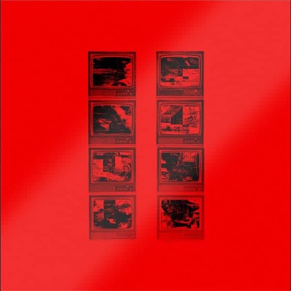 Red album cover with six blurred, square images resembling old TVs.