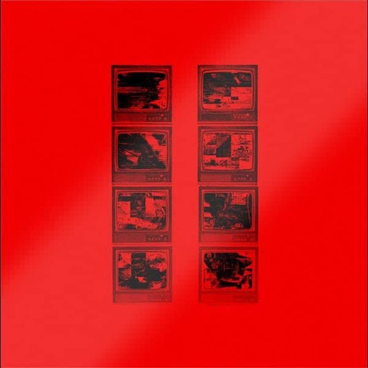 Red album cover with six blurred, square images resembling old TVs.