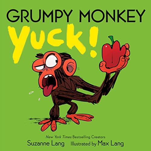 Cartoon monkey making a face, rejecting a red apple on green background.