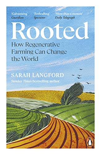 Book cover for “Rooted” depicting farmland with a large leaf illustration.