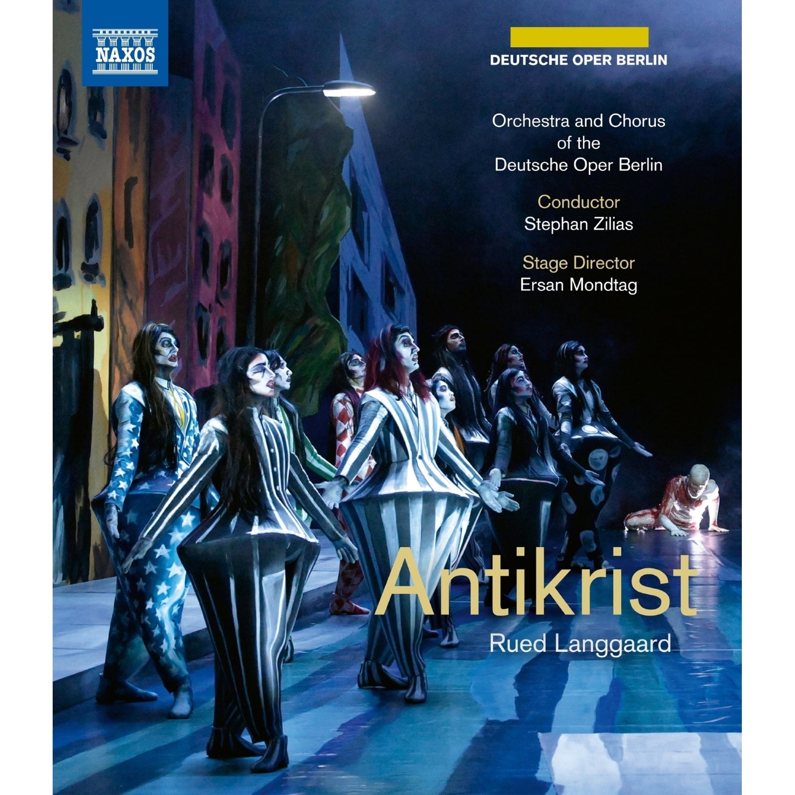Blu-ray cover for Langgaard's *Antikrist* opera, featuring performers in dark clothing.
