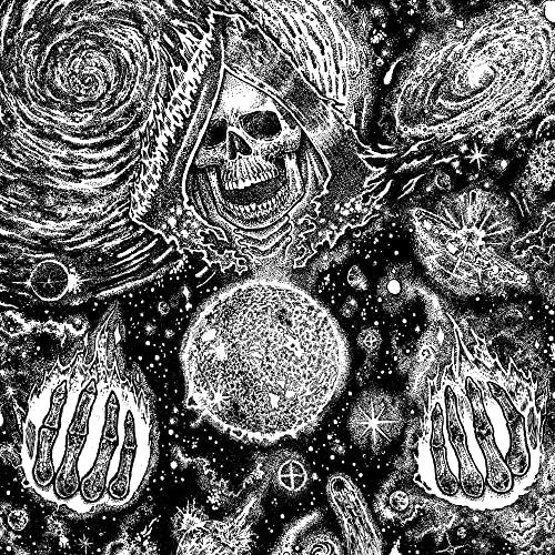 Black and white illustration of a skull surrounded by celestial bodies.