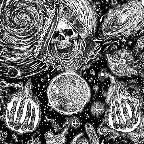 "Vinyl record with purple splatter design and black-and-white album cover featuring a skull."