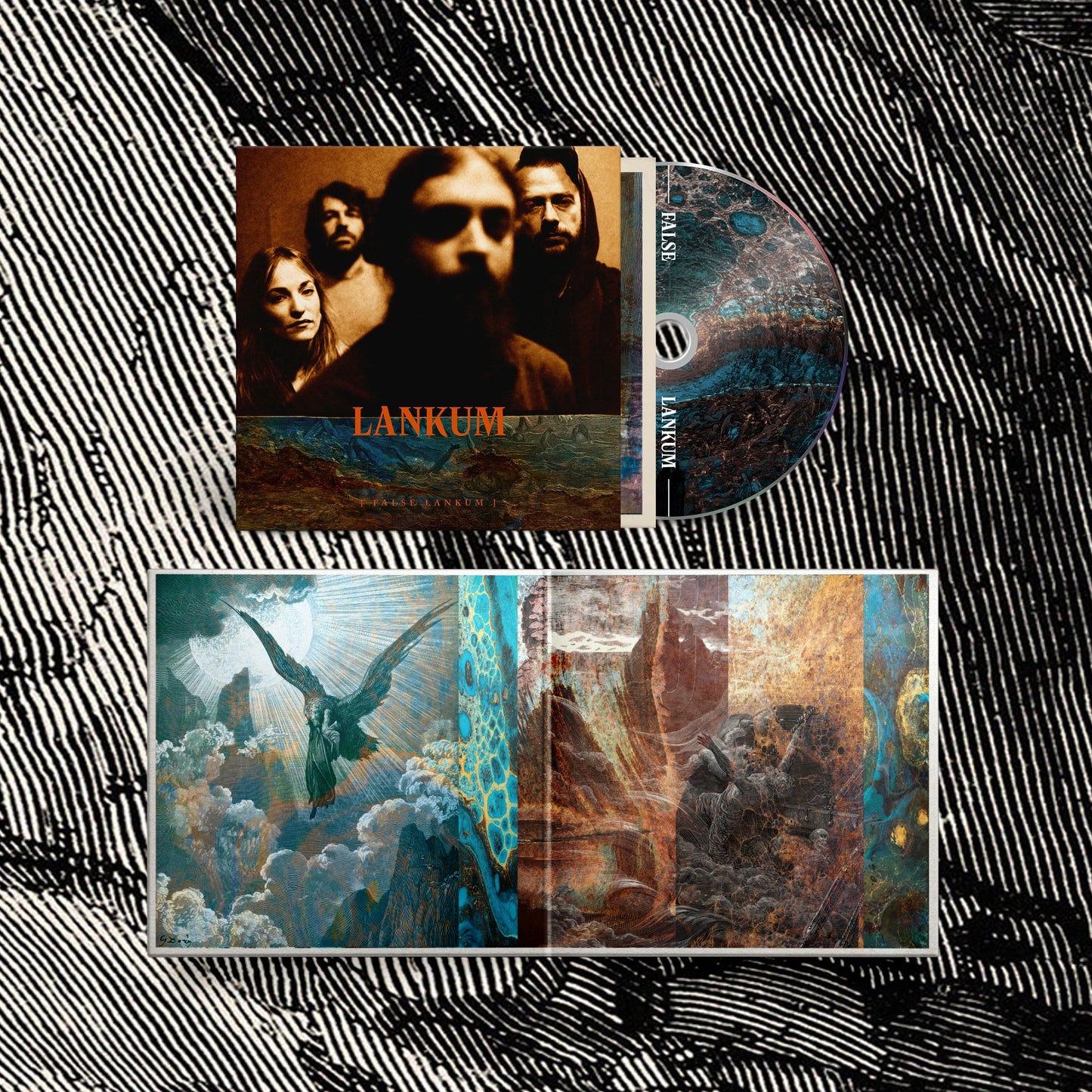 CD case for Lankum’s “False Lankum” with band portrait and bird imagery.