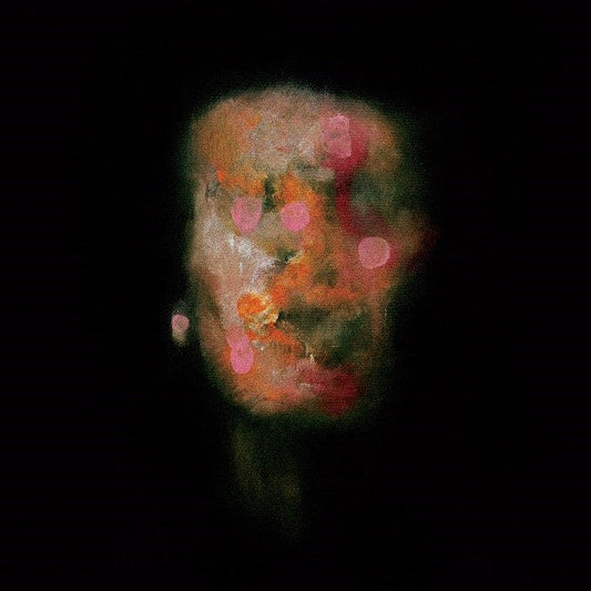 Blurred, abstract portrait with pink and orange spots against black.