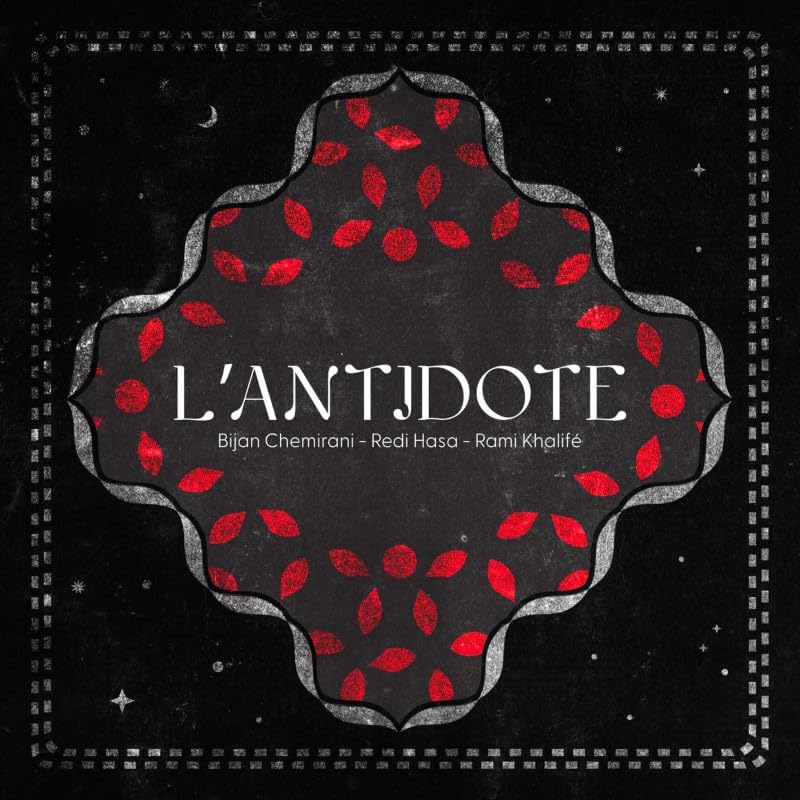 CD cover for “L’Antidote” with red floral design on black background.