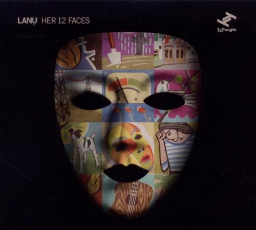 A colorful mask with various patterns on a black background, representing the album cover.