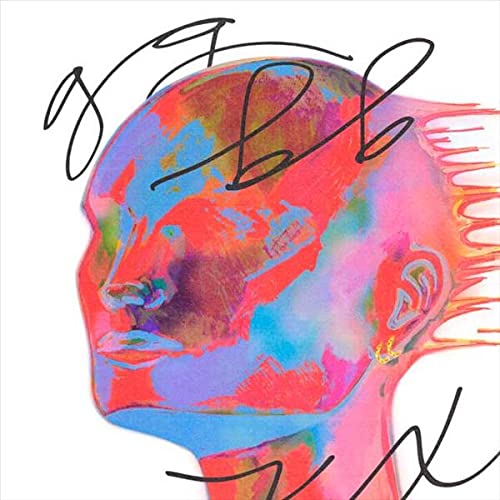 Colorful abstract portrait of a face, with handwritten text overlay.