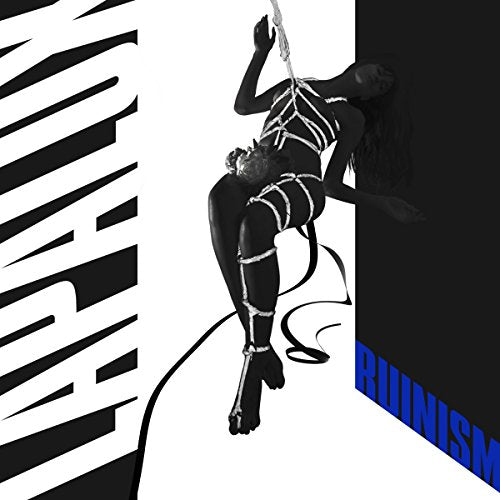 Black and white album cover featuring a person suspended by ropes.
