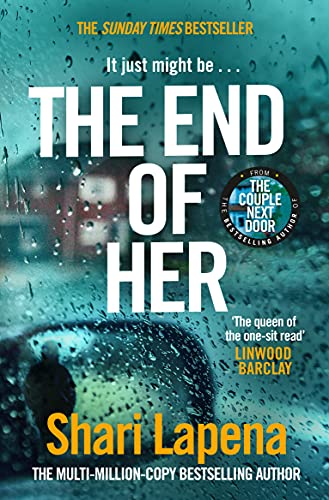 Book cover: "The End of Her" with a blurred figure seen through rain.