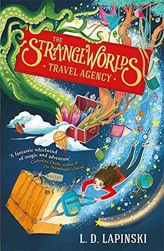 Book cover: girl falling into an open suitcase with fantastical elements.