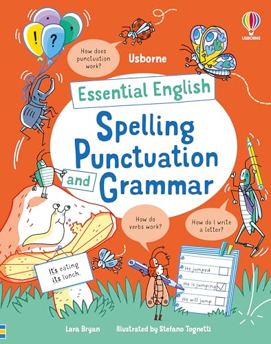 Book cover titled Essential English Spelling Punctuation and Grammar featuring colorful cartoon insects and illustrations.