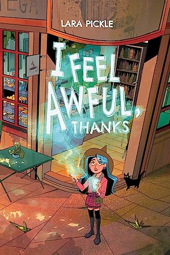 Book cover: girl with blue hair, glowing hands, and a black cat.