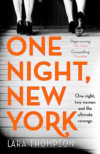 Book cover: "One Night, New York" with legs in heels and striped background.