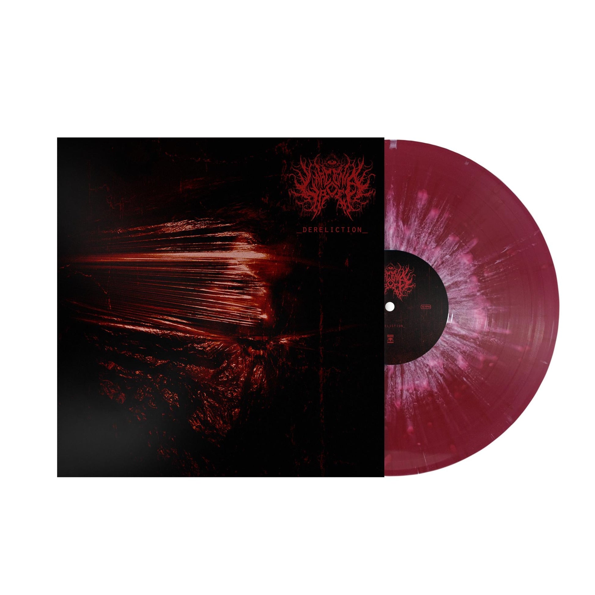 Red and black swirled vinyl record with dark, textured cover art.